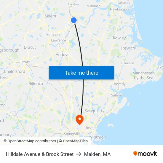 Hilldale Avenue & Brook Street to Malden, MA map