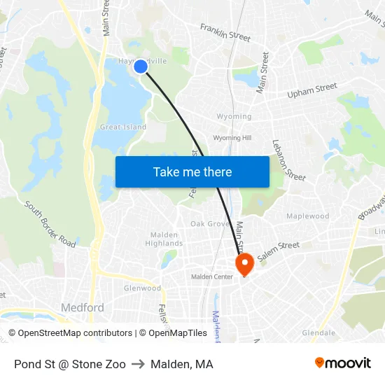 Pond St @ Stone Zoo to Malden, MA map