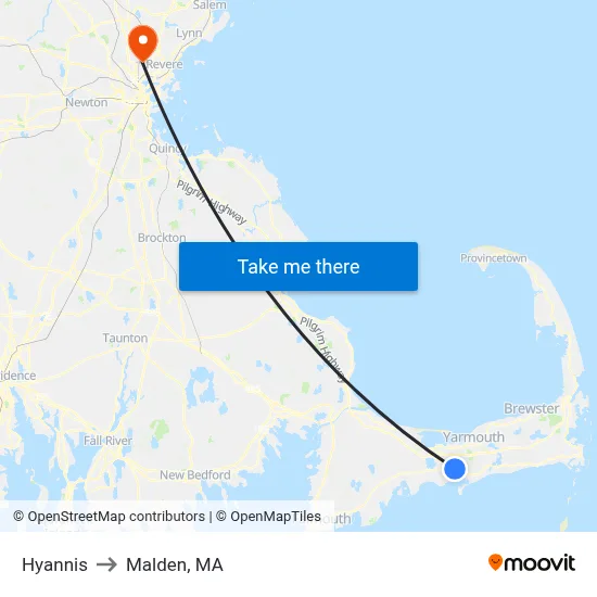 Hyannis to Malden, MA map