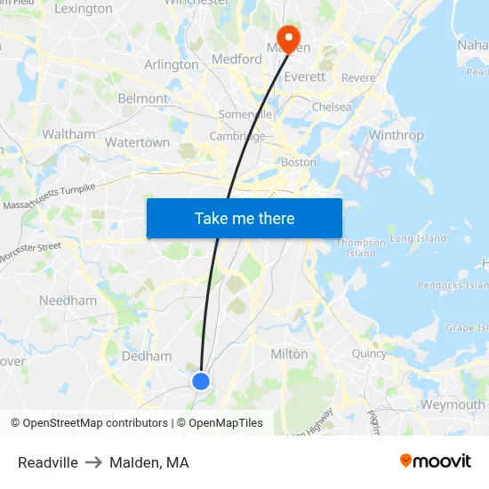Readville to Malden, MA map