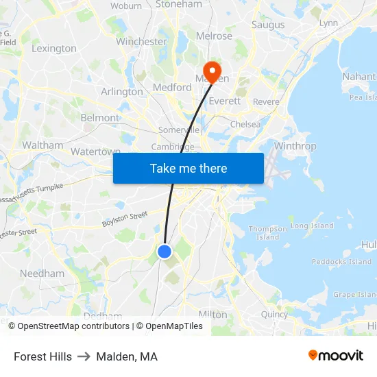Forest Hills to Malden, MA map