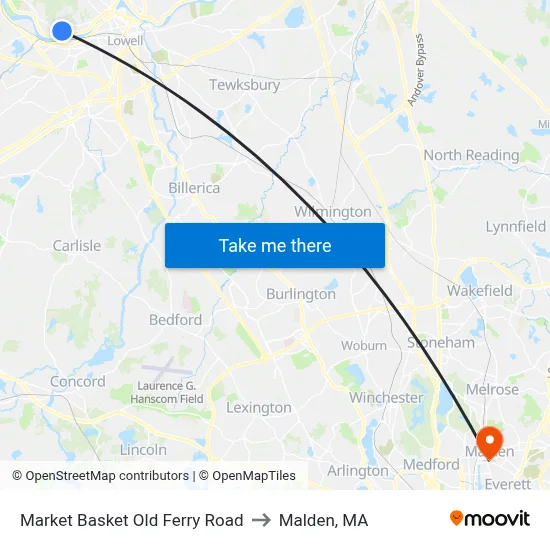 Market Basket Old Ferry Road to Malden, MA map