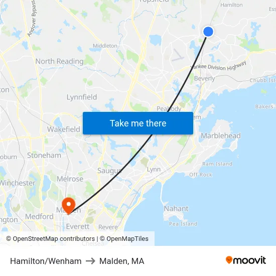 Hamilton/Wenham to Malden, MA map