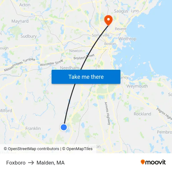 Foxboro to Malden, MA map