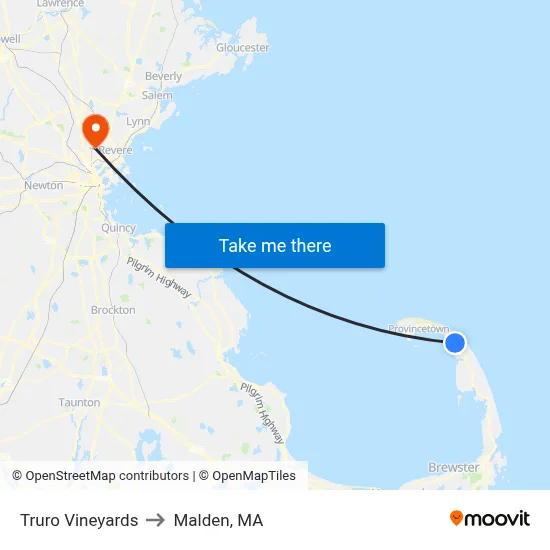 Truro Vineyards to Malden, MA map