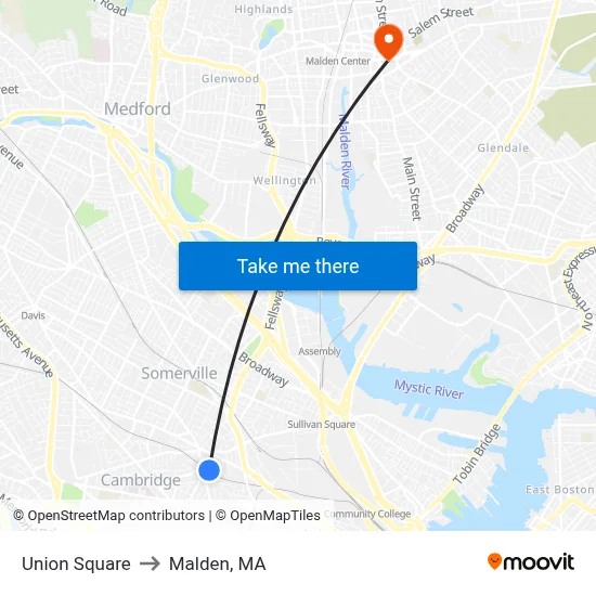 Union Square to Malden, MA map
