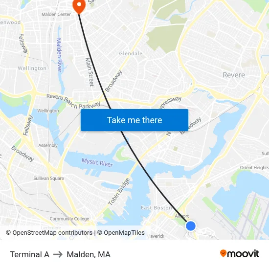 Terminal A to Malden, MA map