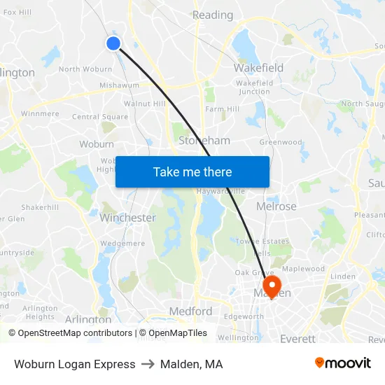 Woburn Logan Express to Malden, MA map