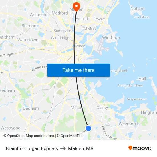 Braintree Logan Express to Malden, MA map