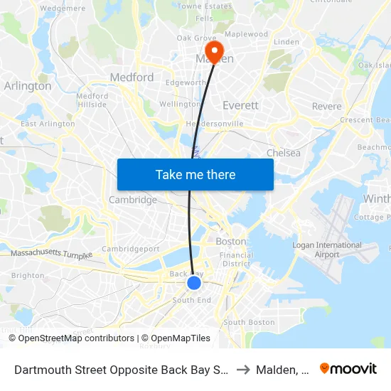 Dartmouth Street Opposite Back Bay Station to Malden, MA map