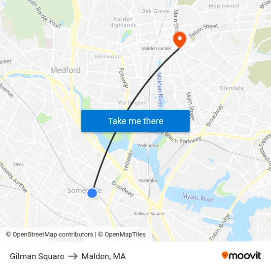 Gilman Square to Malden, MA map