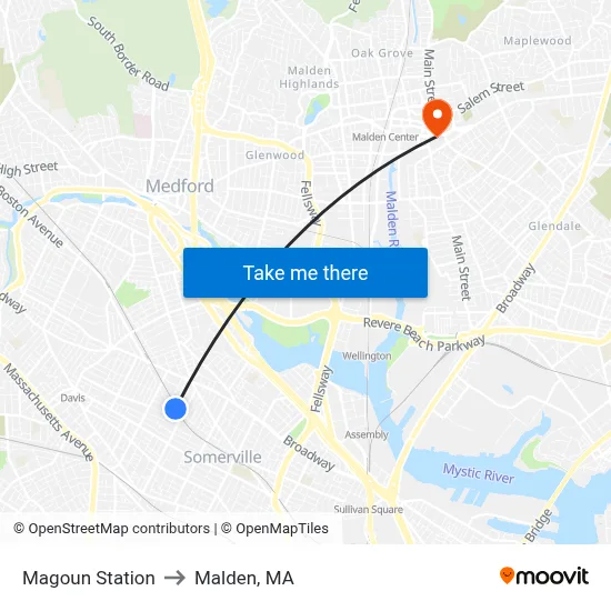 Magoun Station to Malden, MA map