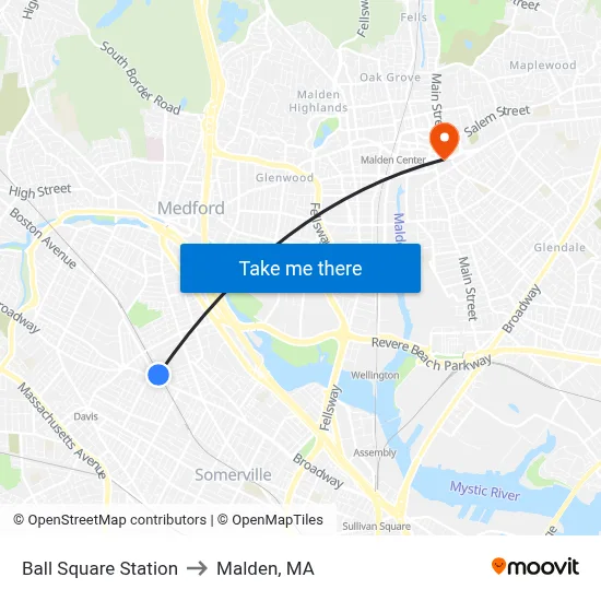 Ball Square Station to Malden, MA map