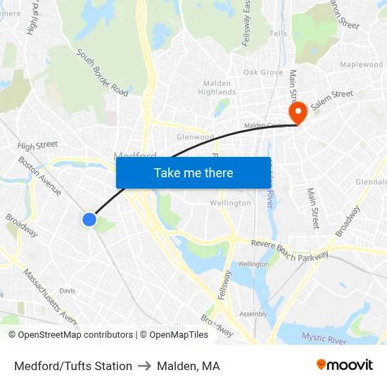 Medford/Tufts Station to Malden, MA map