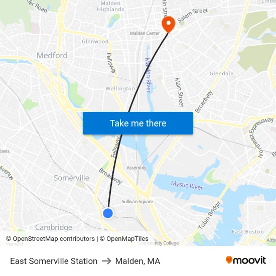 East Somerville Station to Malden, MA map