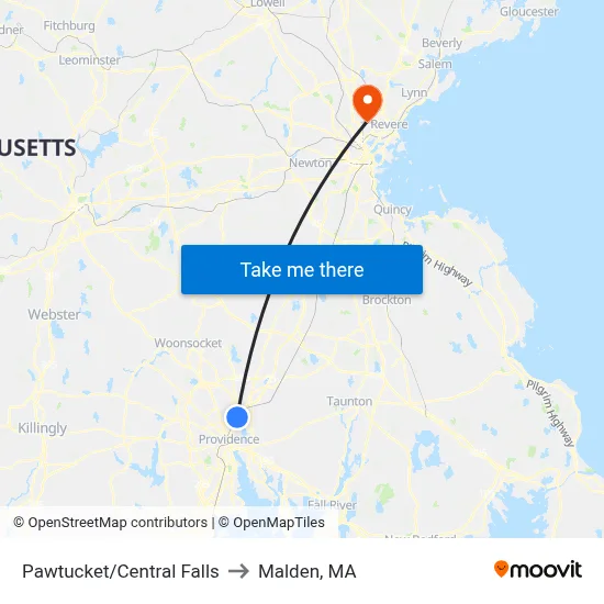 Pawtucket/Central Falls to Malden, MA map