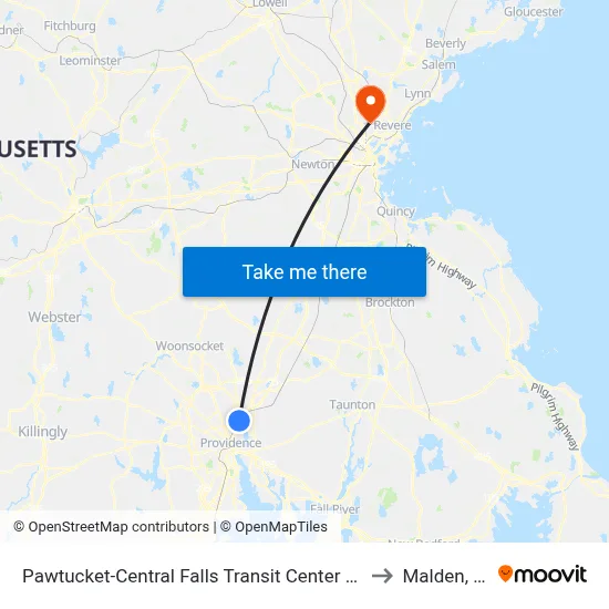 Pawtucket-Central Falls Transit Center (Stop B) to Malden, MA map