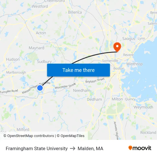 Framingham State University to Malden, MA map