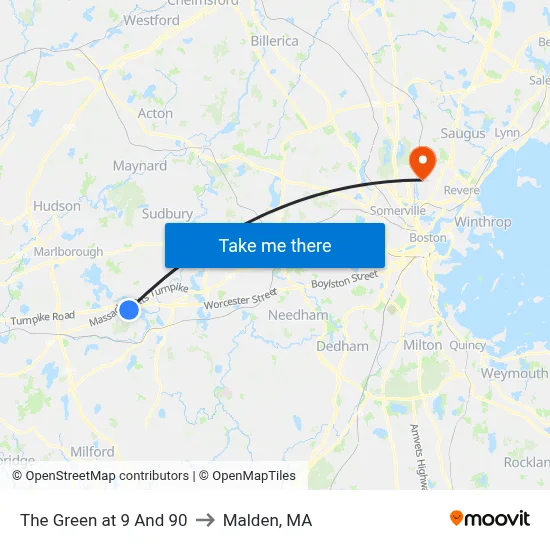 The Green at 9 And 90 to Malden, MA map