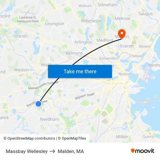 Massbay Wellesley to Malden, MA map
