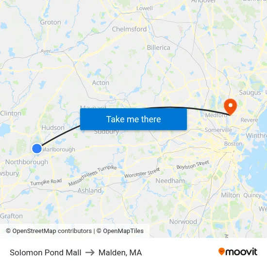 Solomon Pond Mall to Malden, MA map