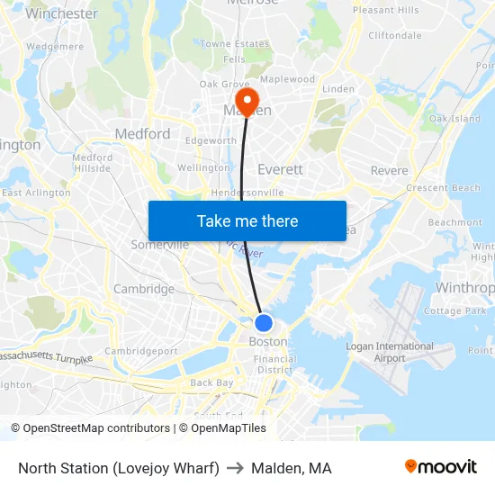North Station (Lovejoy Wharf) to Malden, MA map