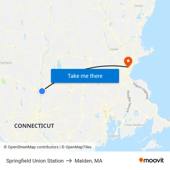 Springfield Union Station to Malden, MA map