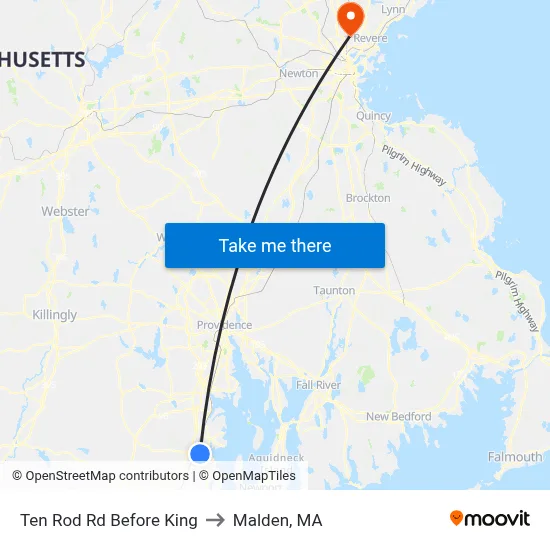 Ten Rod Rd Before King to Malden, MA map
