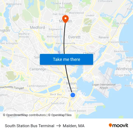 South Station Bus Terminal to Malden, MA map