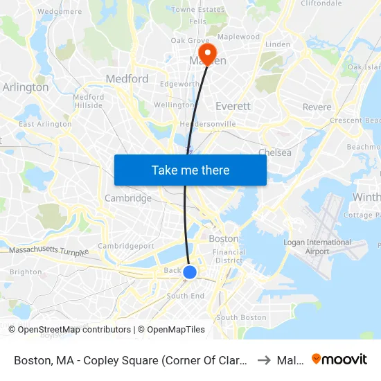 Boston, MA - Copley Square (Corner Of Clarendon St. & St. James Ave. In Front Of Trinity Church) to Malden, MA map