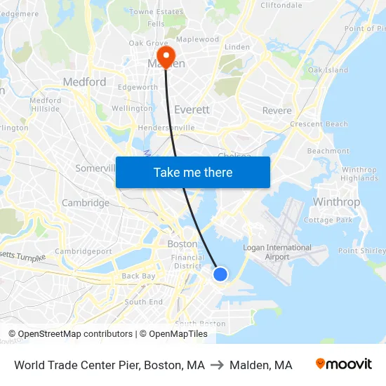 World Trade Center Pier, Boston, MA to Malden, MA map