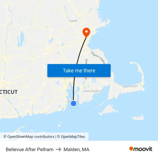 Bellevue After Pelham to Malden, MA map
