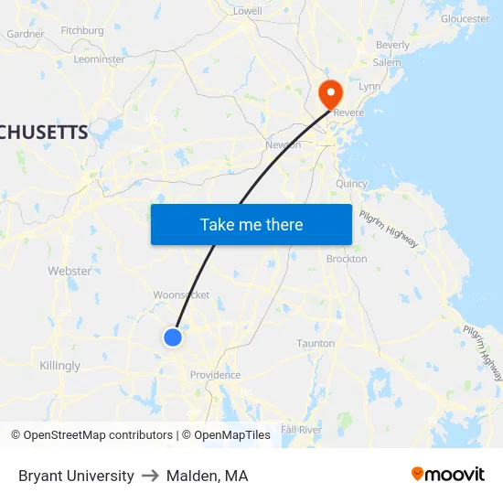 Bryant University to Malden, MA map