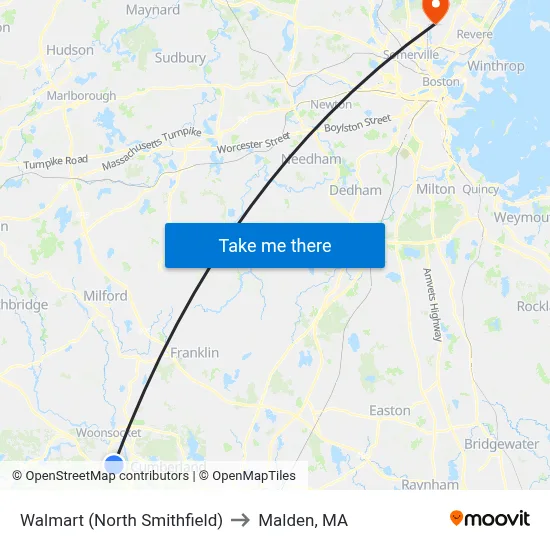 Walmart (North Smithfield) to Malden, MA map