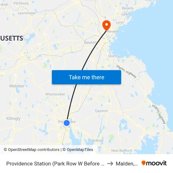 Providence Station (Park Row W Before Exchange) to Malden, MA map