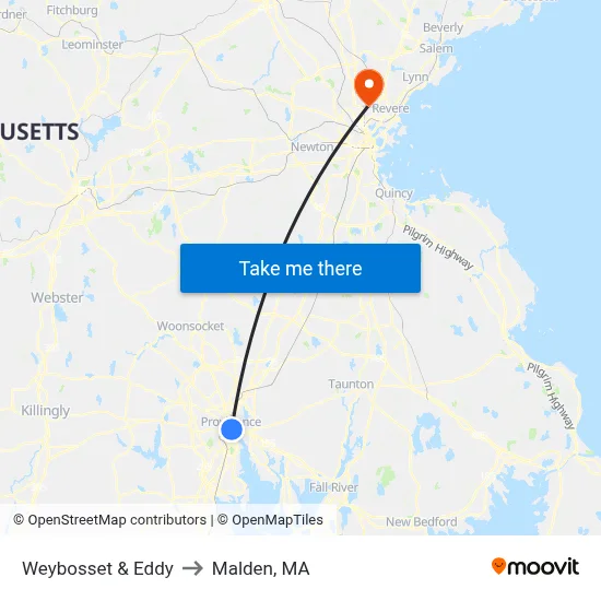 Weybosset & Eddy to Malden, MA map