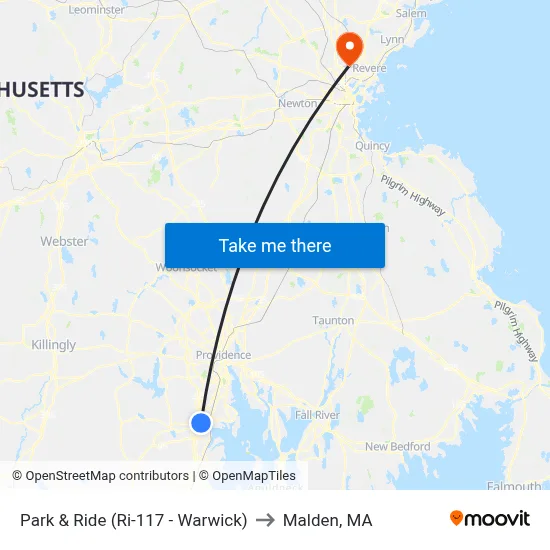 Park & Ride (Ri-117 - Warwick) to Malden, MA map