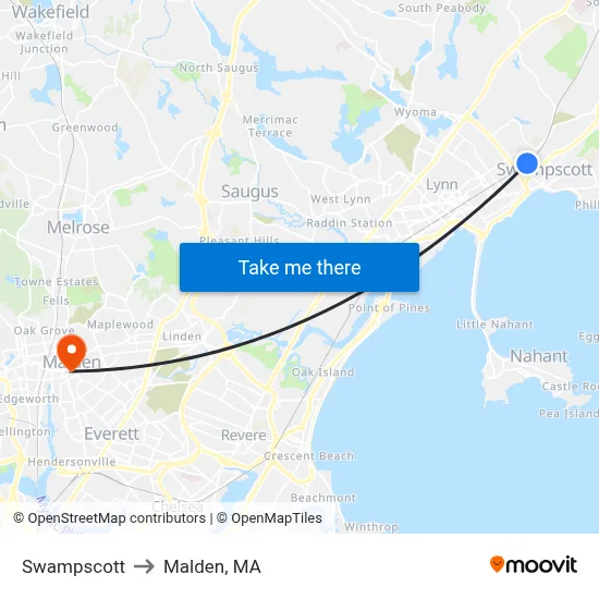 Swampscott to Malden, MA map