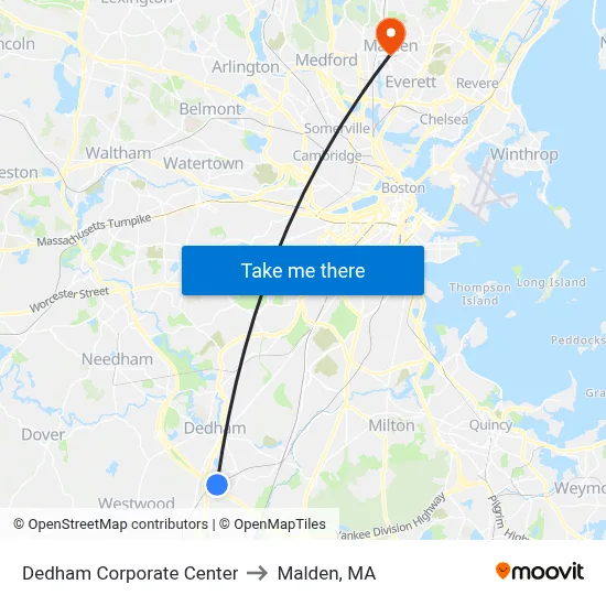 Dedham Corporate Center to Malden, MA map
