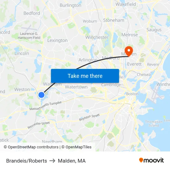 Brandeis/Roberts to Malden, MA map