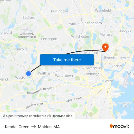 Kendal Green to Malden, MA map