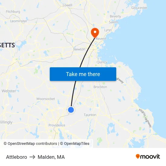 Attleboro to Malden, MA map