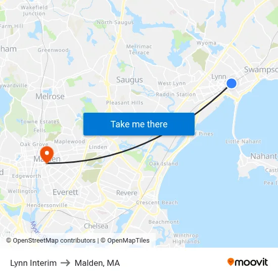 Lynn Interim to Malden, MA map