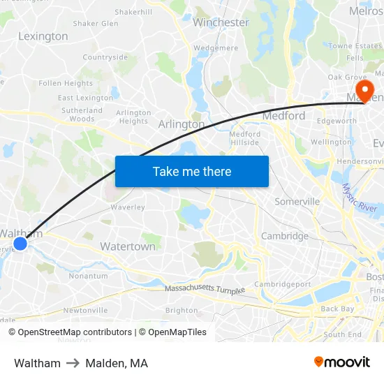 Waltham to Malden, MA map