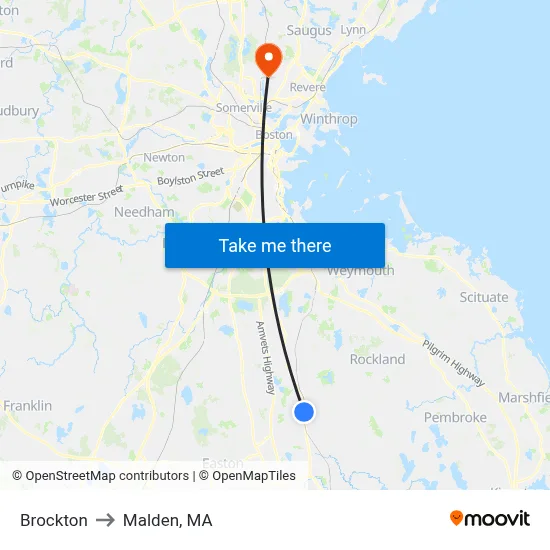 Brockton to Malden, MA map
