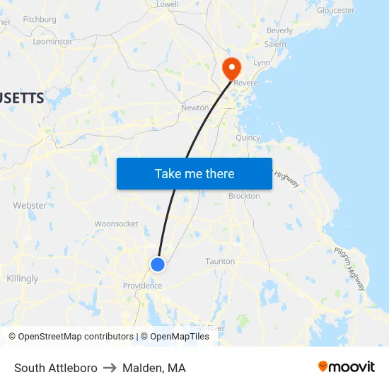 South Attleboro to Malden, MA map