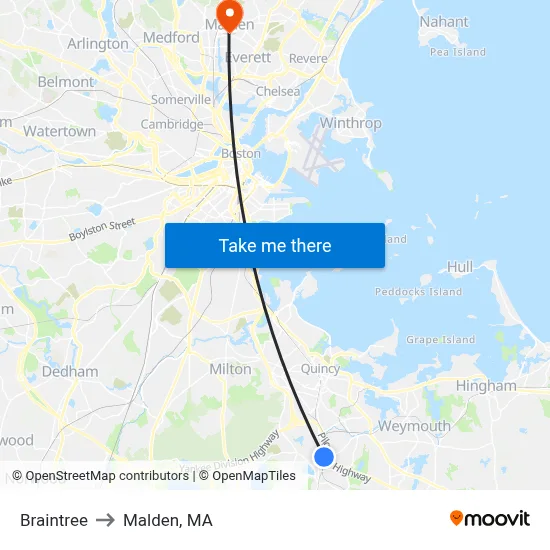 Braintree to Malden, MA map