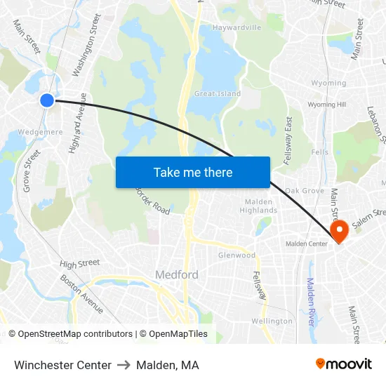 Winchester Center to Malden, MA map