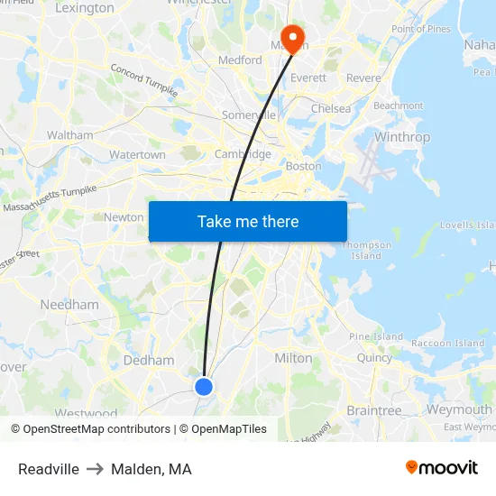 Readville to Malden, MA map