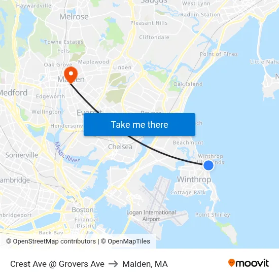 Crest Ave @ Grovers Ave to Malden, MA map